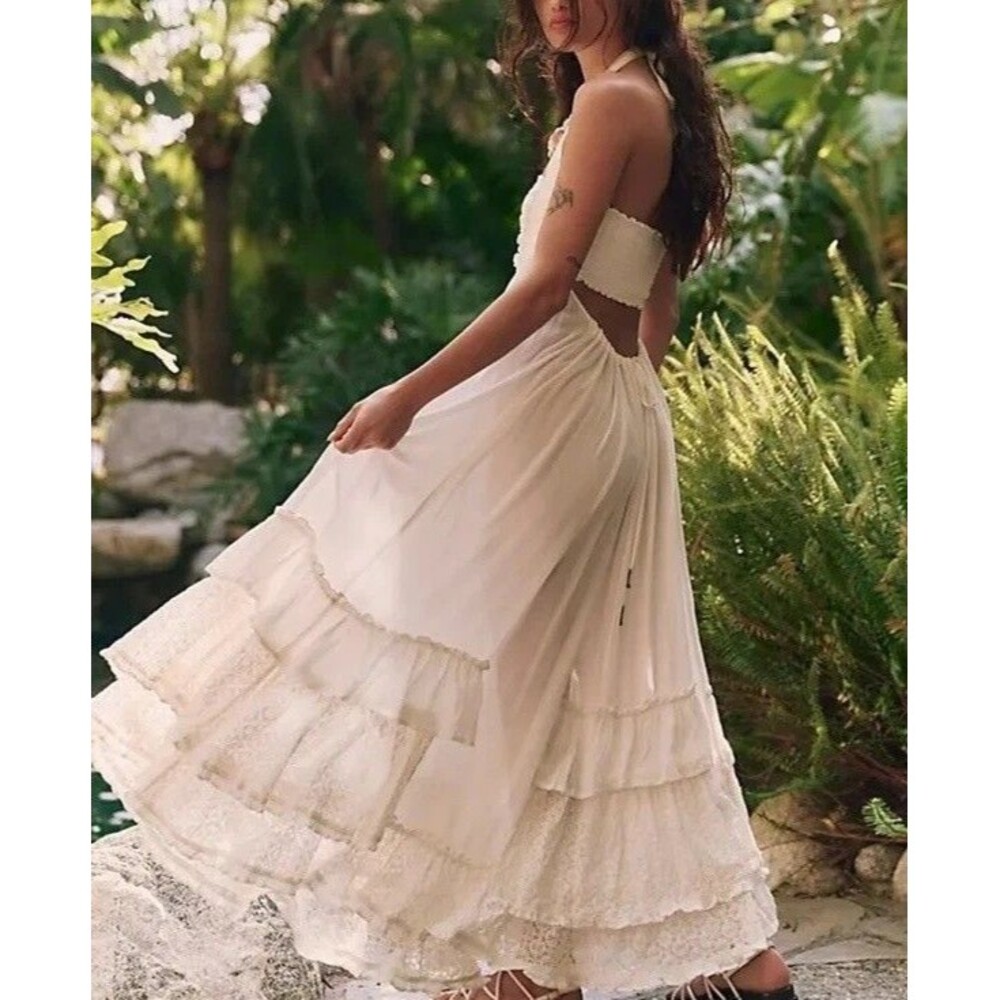 Free People Free-Est Kauri Maxi Dress Gauze Smocked Halter Tiered Lace S 287751 - Picture 3 of 9